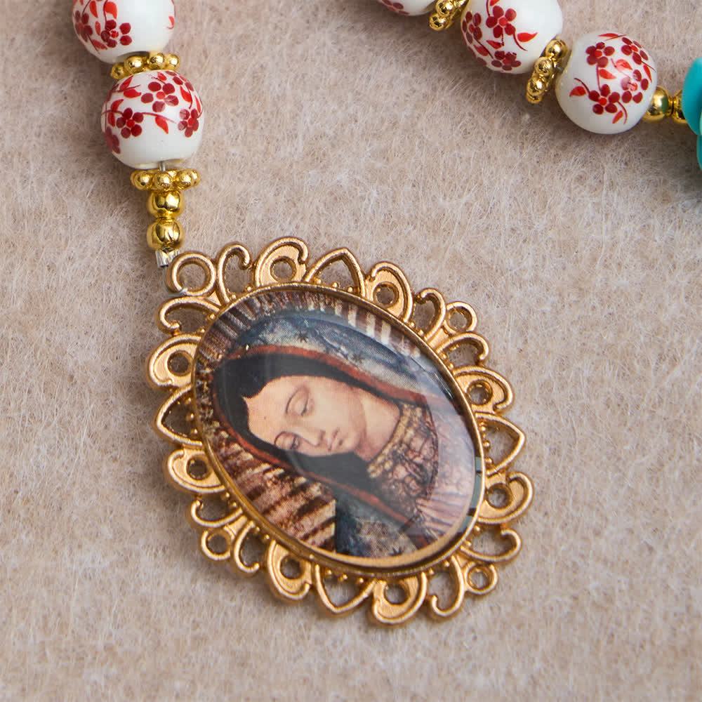 Christianartworkshop Red & White Ceramic Beads with Turquoise Rose Seven Sorrow Rosary with Our Lady Medal - image 6
