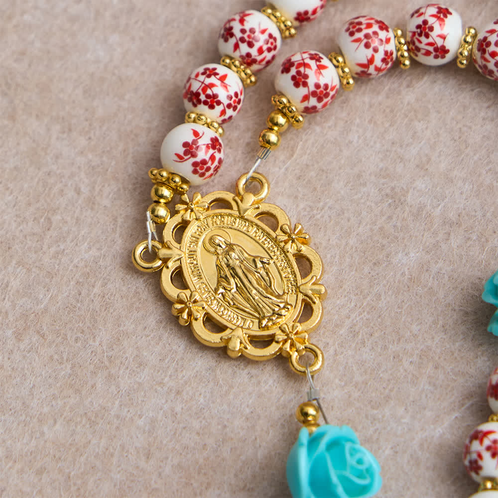 Christianartworkshop Red & White Ceramic Beads with Turquoise Rose Seven Sorrow Rosary with Our Lady Medal - image 7