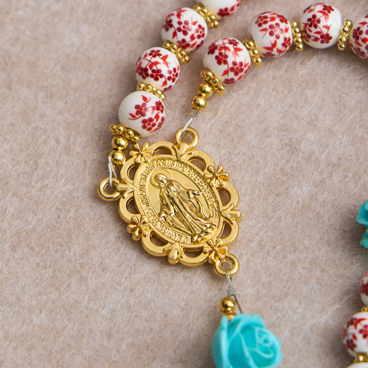 Christianartworkshop Red & White Ceramic Beads with Turquoise Rose Seven Sorrow Rosary with Our Lady Medal - image 7