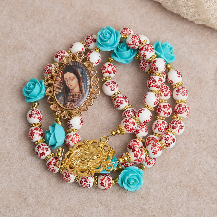 Christianartworkshop Red & White Ceramic Beads with Turquoise Rose Seven Sorrow Rosary with Our Lady Medal - image 2