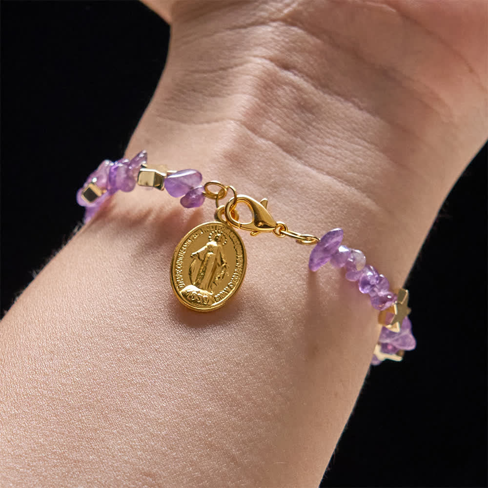 Christianartworkshop Natural Amethyst Chips Memory Wire Rosary Bracelet with Our Lady Medal - image 1