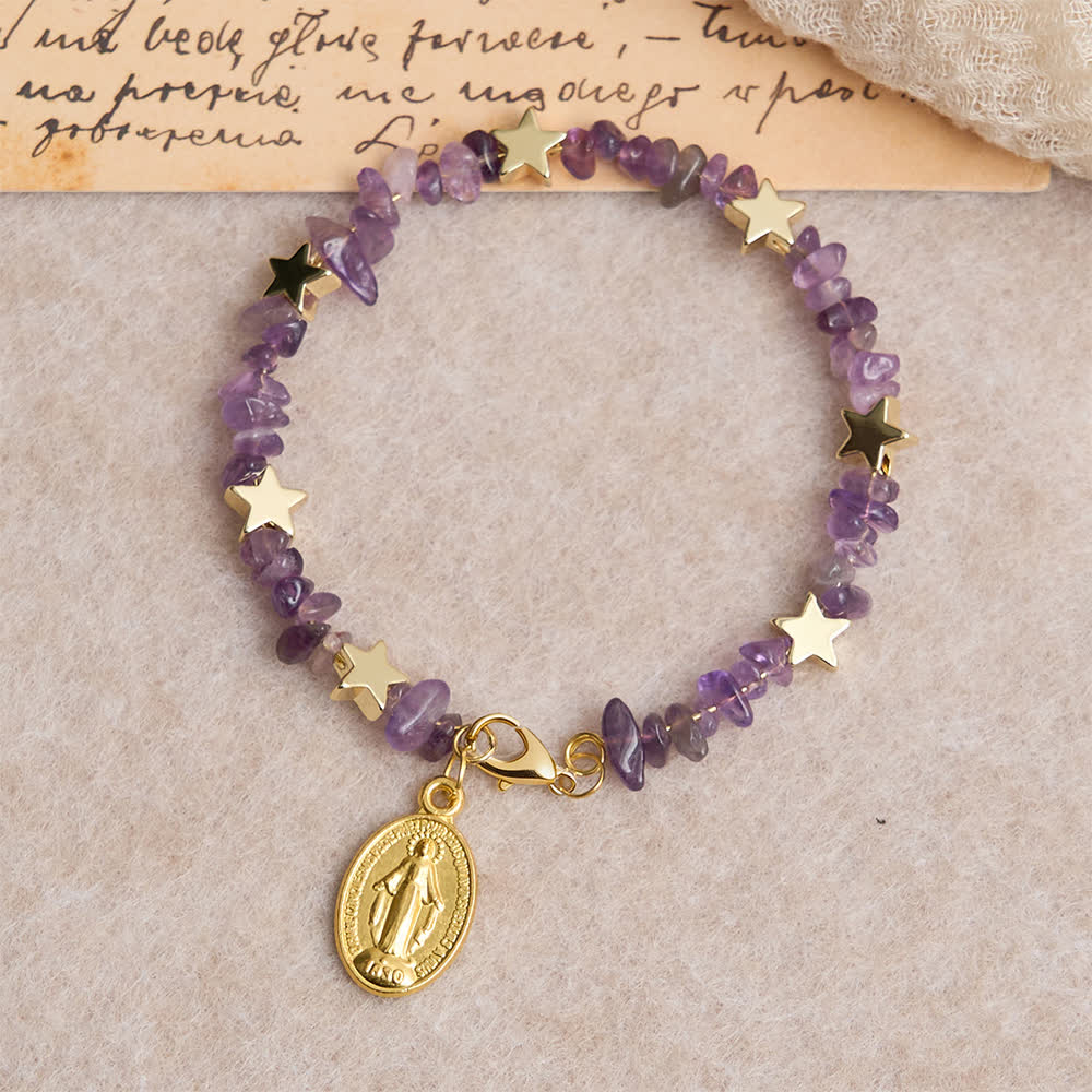 Christianartworkshop Natural Amethyst Chips Memory Wire Rosary Bracelet with Our Lady Medal - Wrist Circumference: 7.08"-9.06''/18-23cm - image 0