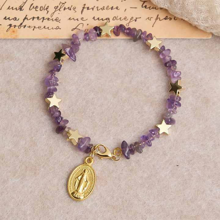 Christianartworkshop Natural Amethyst Chips Memory Wire Rosary Bracelet with Our Lady Medal - Wrist Circumference: 7.08"-9.06''/18-23cm - image 0