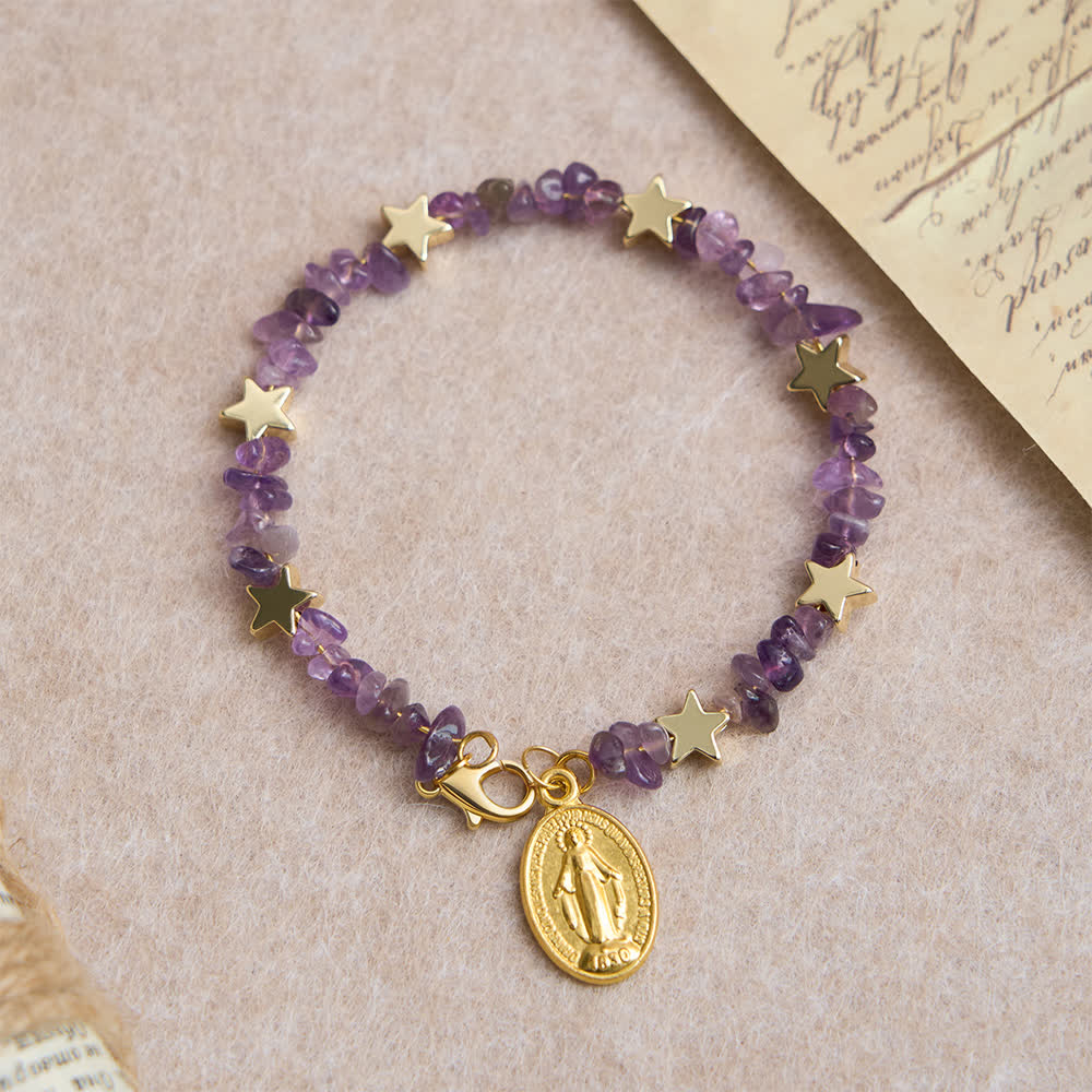 Christianartworkshop Natural Amethyst Chips Memory Wire Rosary Bracelet with Our Lady Medal - image 5