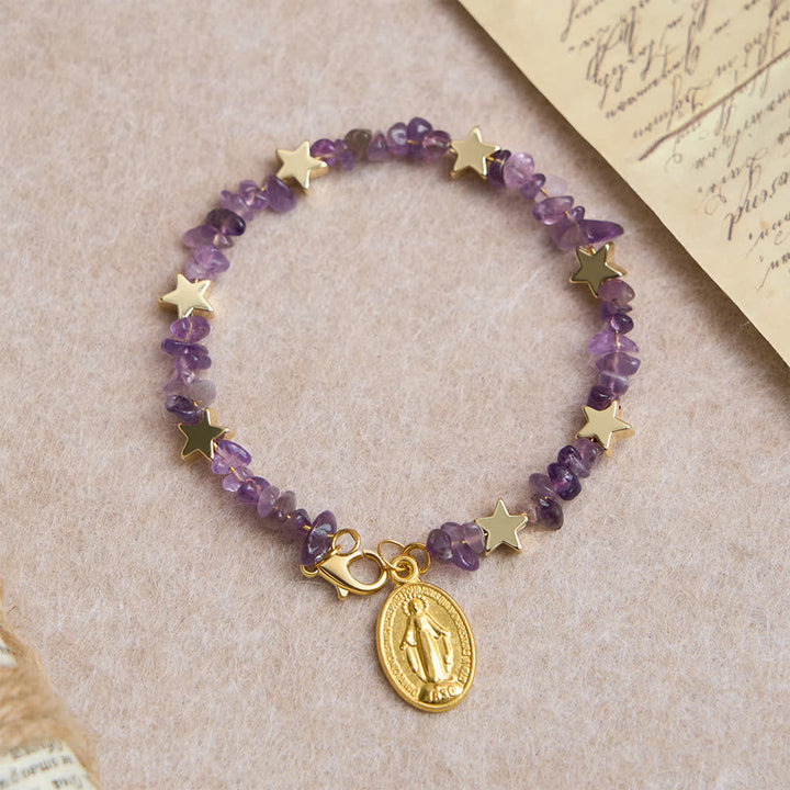 Christianartworkshop Natural Amethyst Chips Memory Wire Rosary Bracelet with Our Lady Medal - image 5