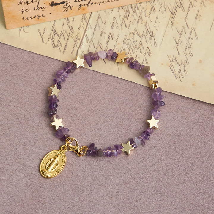 Christianartworkshop Natural Amethyst Chips Memory Wire Rosary Bracelet with Our Lady Medal - image 6