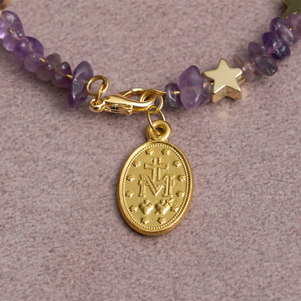 Christianartworkshop Natural Amethyst Chips Memory Wire Rosary Bracelet with Our Lady Medal - image 9