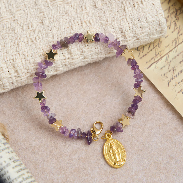 Christianartworkshop Natural Amethyst Chips Memory Wire Rosary Bracelet with Our Lady Medal - image 4