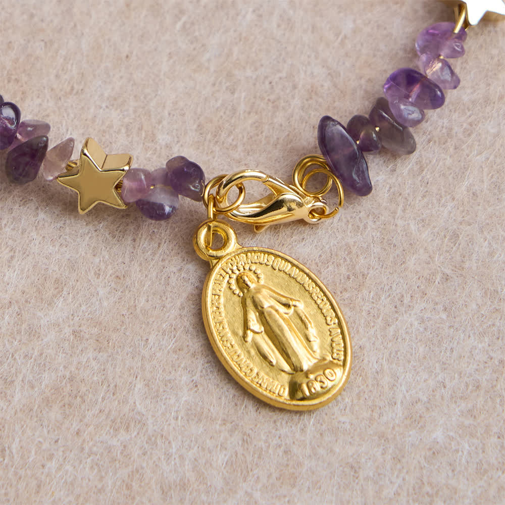 Christianartworkshop Natural Amethyst Chips Memory Wire Rosary Bracelet with Our Lady Medal - image 8
