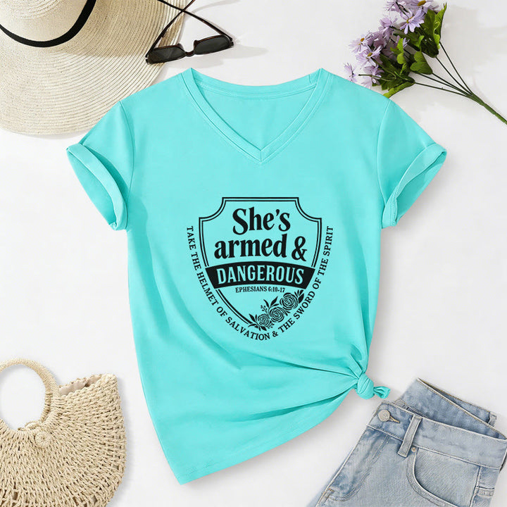 Christianartworkshop She's Armed & Dangerous Casual V-neck T-shirt - Sky Blue - 2XL - image 10