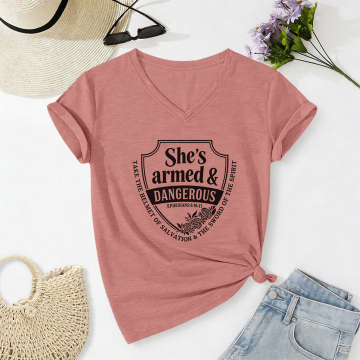 Christianartworkshop She's Armed & Dangerous Casual V-neck T-shirt - Light Pink - 2XL - image 12