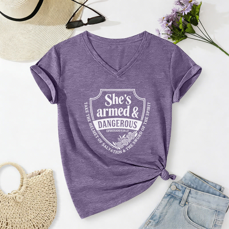 Christianartworkshop She's Armed & Dangerous Casual V-neck T-shirt - Purple - 2XL - image 0