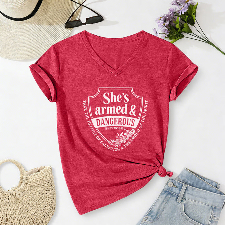 Christianartworkshop She's Armed & Dangerous Casual V-neck T-shirt - Red - 2XL - image 22