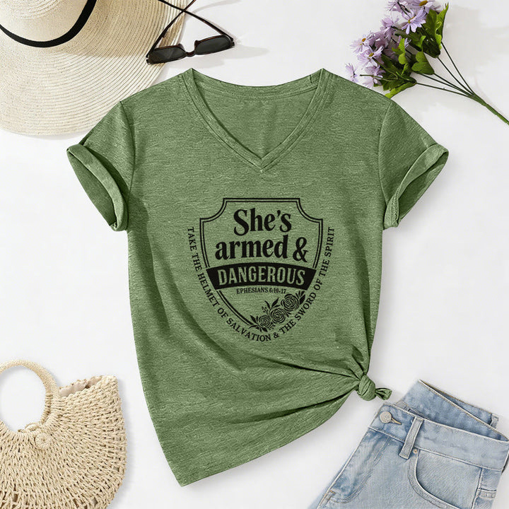 Christianartworkshop She's Armed & Dangerous Casual V-neck T-shirt - Olive Green - 2XL - image 2