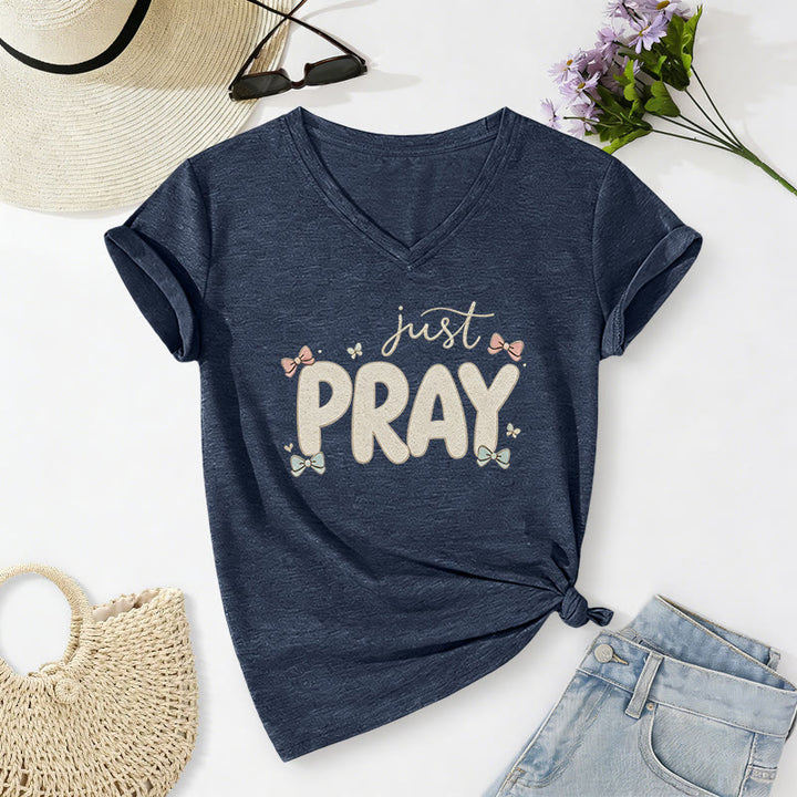 Christianartworkshop Just PRAY Casual V-neck T-shirt - Navy Blue - 2XL - image 20