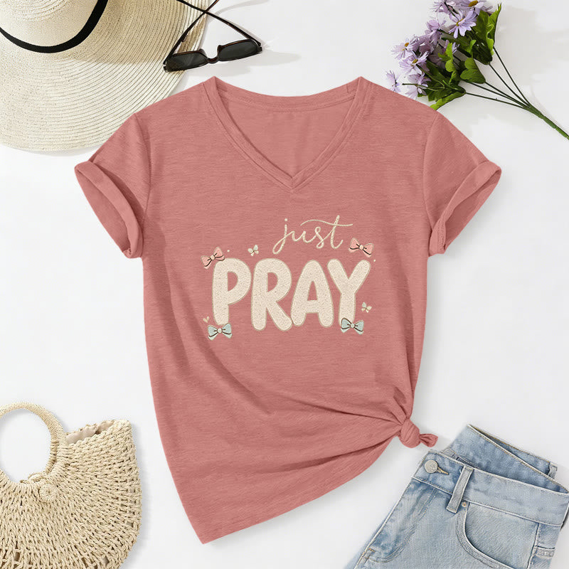 Christianartworkshop Just PRAY Casual V-neck T-shirt - Light Pink - 2XL - image 12