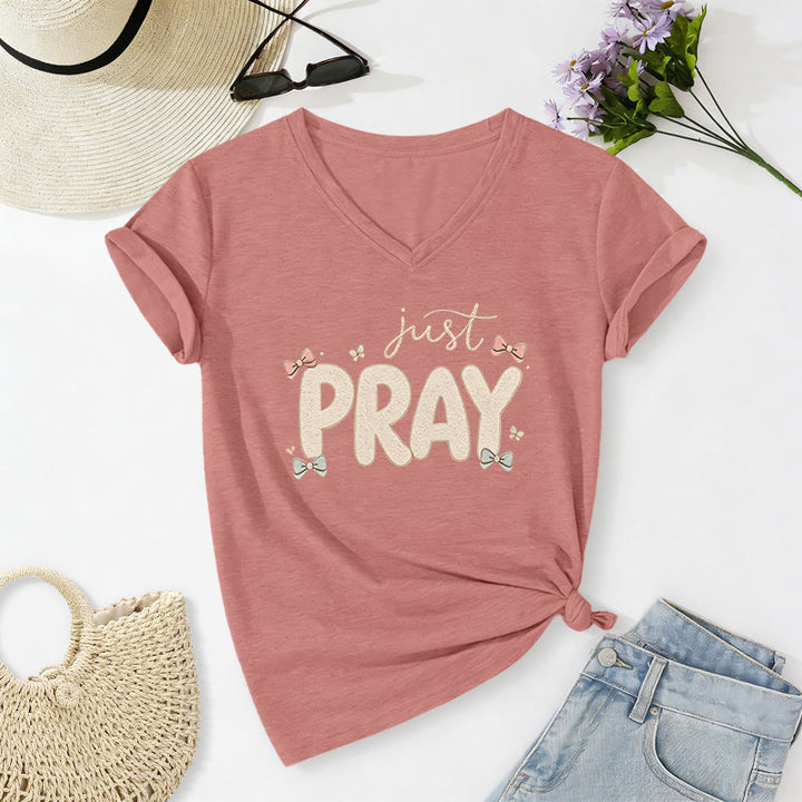 Christianartworkshop Just PRAY Casual V-neck T-shirt - Light Pink - 2XL - image 12