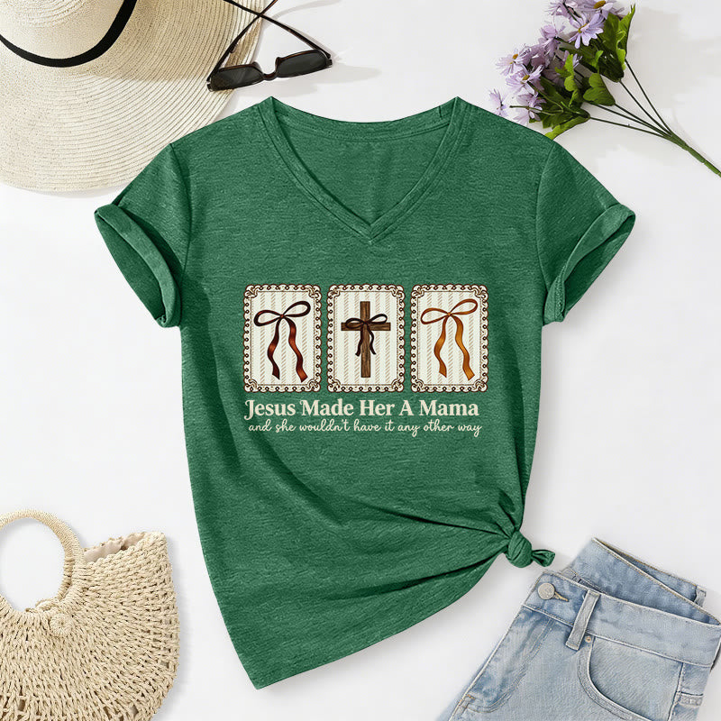 Christianartworkshop Jesus Made Her A Mama Casual V-neck T-shirt - Dark Green - 2XL - image 14