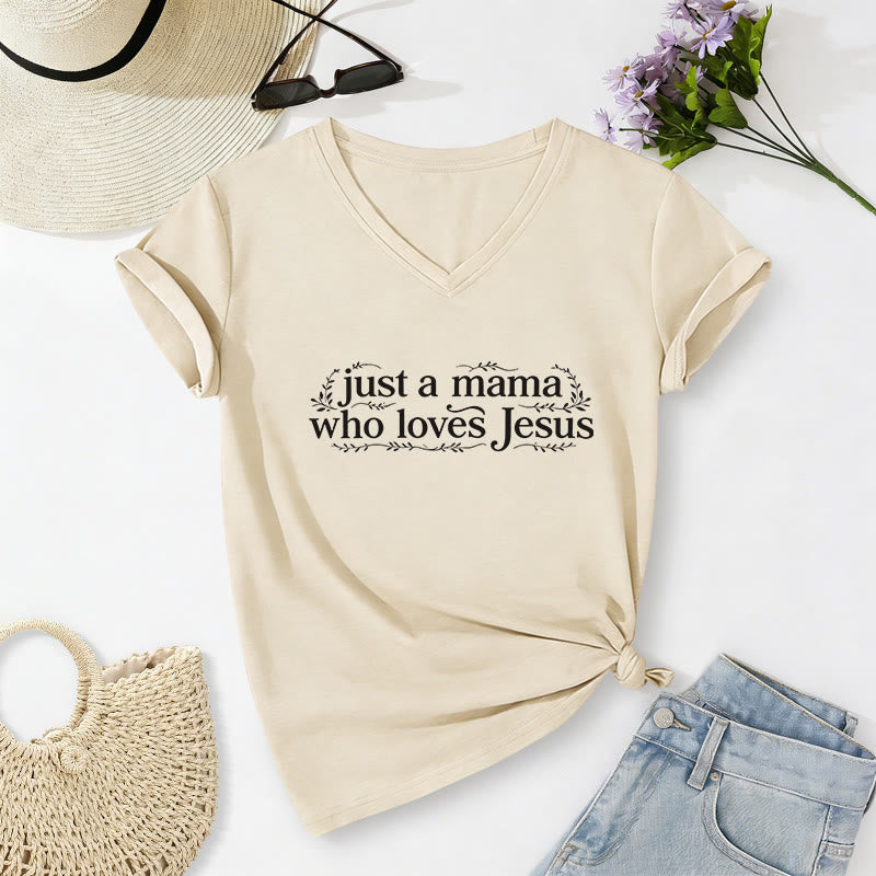 Christianartworkshop Just A Mama Who Loves Jesus Casual V-neck T-shirt - Beige - 2XL - image 6