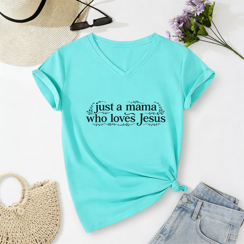 Christianartworkshop Just A Mama Who Loves Jesus Casual V-neck T-shirt - Sky Blue - 2XL - image 10