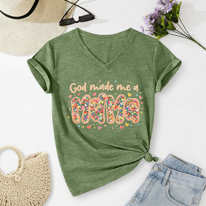 Christianartworkshop God Made Me A Mama Casual V-neck T-shirt - Olive Green - 2XL - image 2