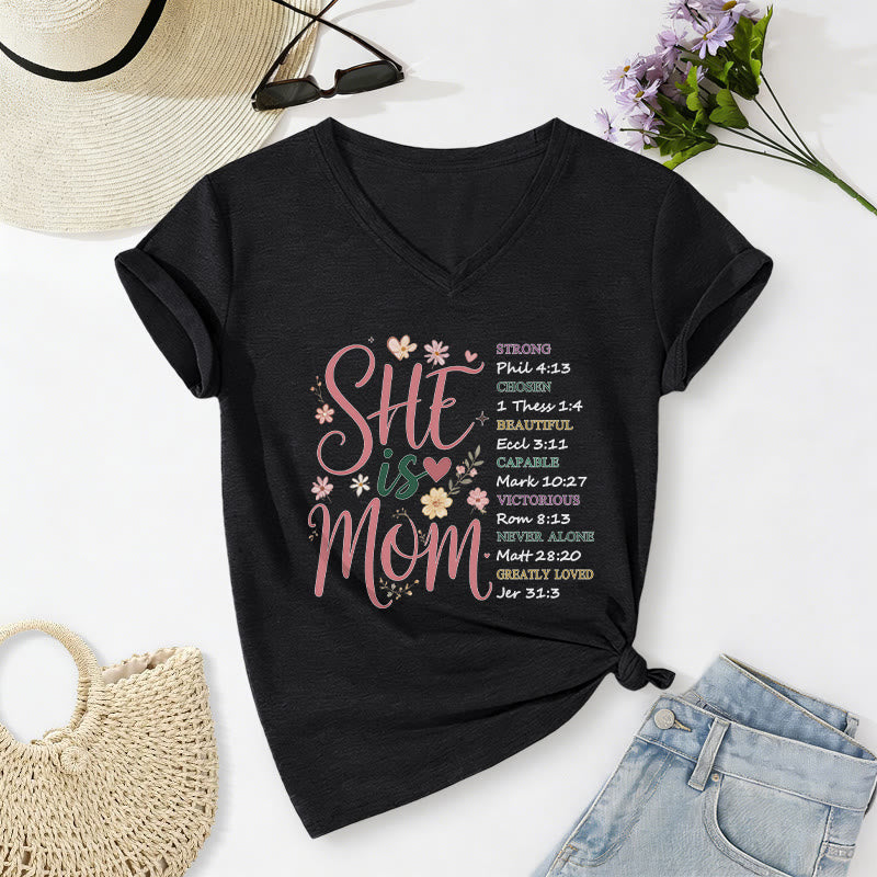 Christianartworkshop SHE Is MOM Casual V-neck T-shirt - Black - 2XL - image 12