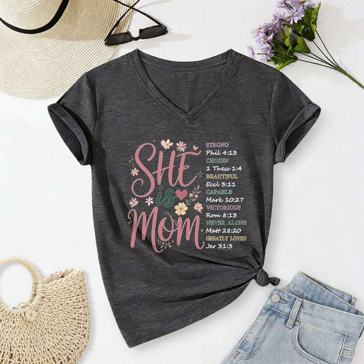 Christianartworkshop SHE Is MOM Casual V-neck T-shirt - Dark Grey - 2XL - image 20