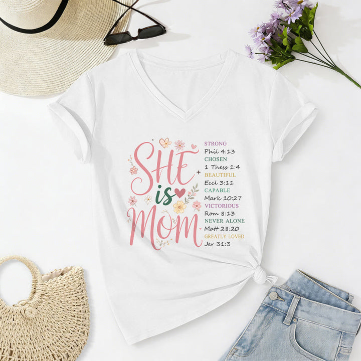 Christianartworkshop SHE Is MOM Casual V-neck T-shirt - White - 2XL - image 4