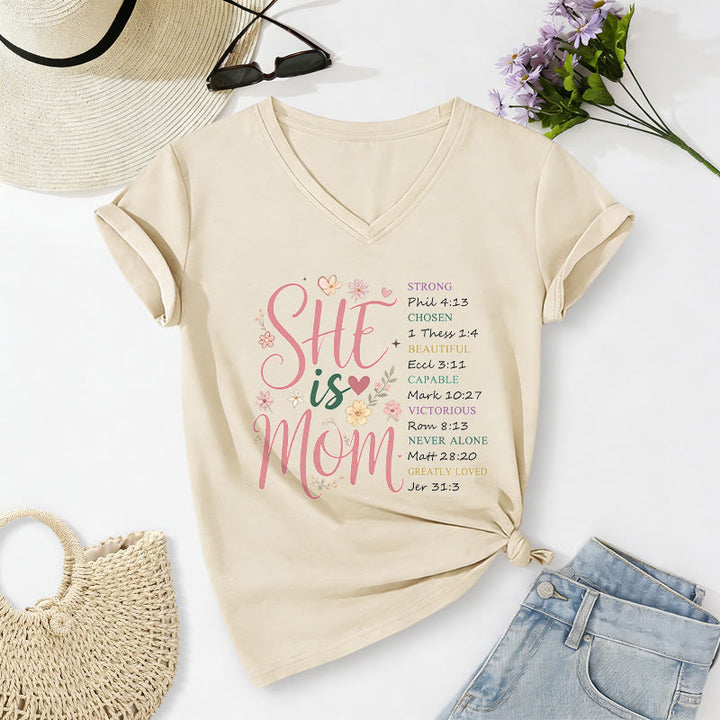 Christianartworkshop SHE Is MOM Casual V-neck T-shirt - Beige - 2XL - image 0