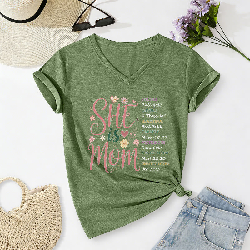 Christianartworkshop SHE Is MOM Casual V-neck T-shirt - Olive Green - 2XL - image 2