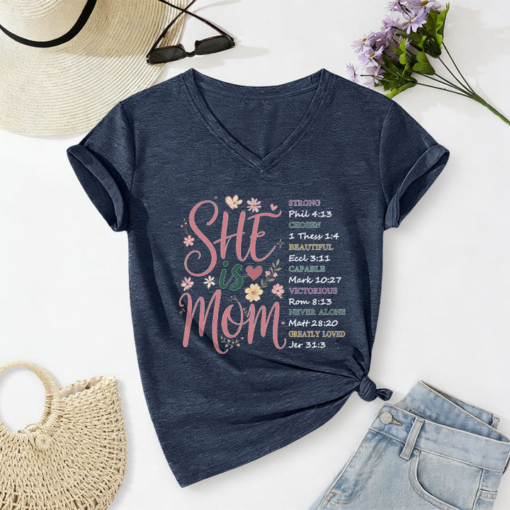 Christianartworkshop SHE Is MOM Casual V-neck T-shirt - Navy Blue - 2XL - image 18