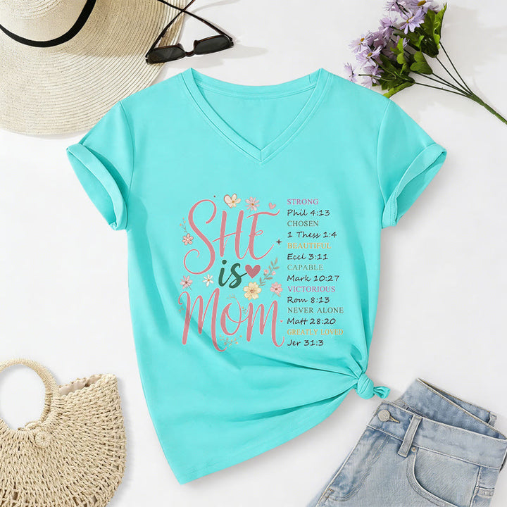 Christianartworkshop SHE Is MOM Casual V-neck T-shirt - Sky Blue - 2XL - image 8