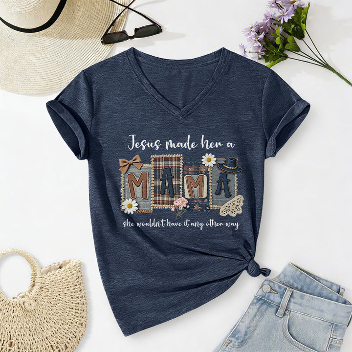 Christianartworkshop  Jesus Made Her A Mama Graphic Casual V-neck T-shirt - Navy Blue - 2XL - image 0