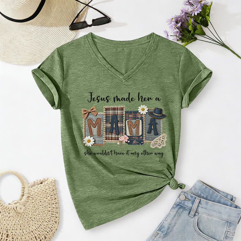 Christianartworkshop  Jesus Made Her A Mama Graphic Casual V-neck T-shirt - Olive Green - 2XL - image 2