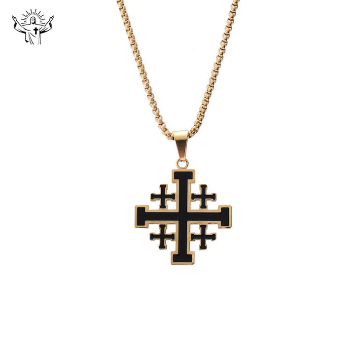 CHRISTIAN ART WORKSHOP Hip-hop Style Jerusalem Cross Titanium Steel Pendant Necklace - Gold with chain - image 3