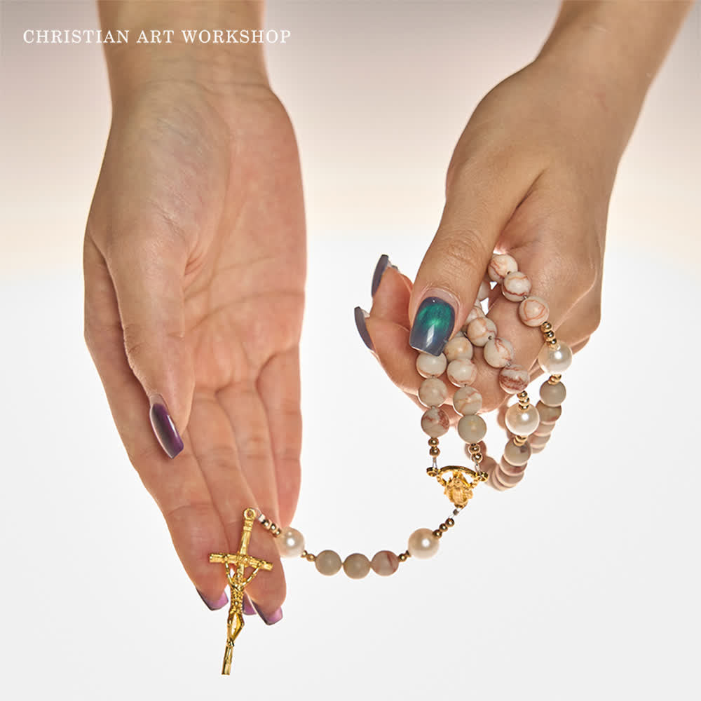 CHRISTIAN ART WORKSHOP Matte Pink Zebra Jasper and Pearl Rosary with Miraculous Medal and Crucifix - image 1