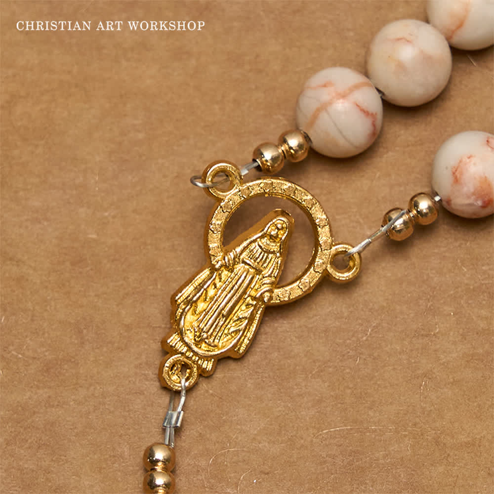 CHRISTIAN ART WORKSHOP Matte Pink Zebra Jasper and Pearl Rosary with Miraculous Medal and Crucifix - image 2