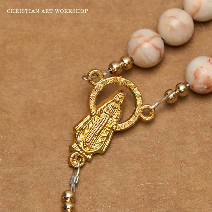 CHRISTIAN ART WORKSHOP Matte Pink Zebra Jasper and Pearl Rosary with Miraculous Medal and Crucifix - image 2