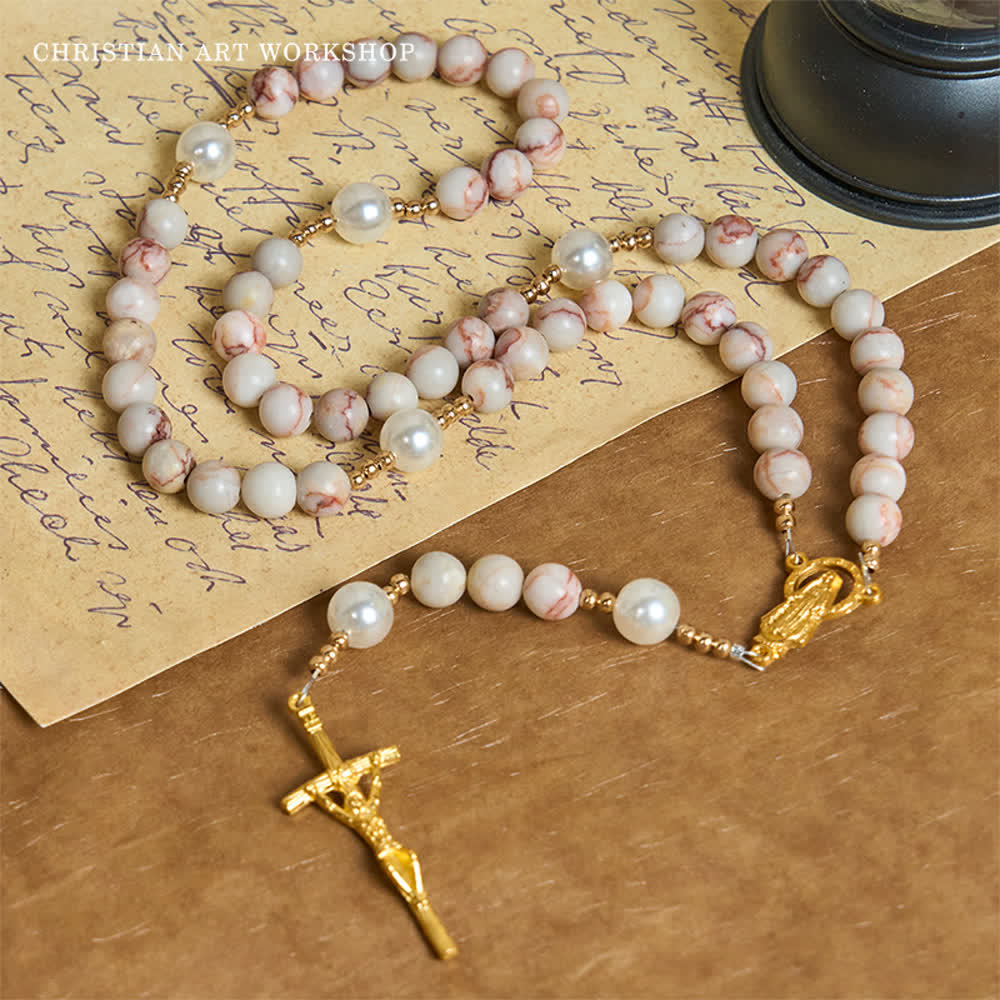 CHRISTIAN ART WORKSHOP Matte Pink Zebra Jasper and Pearl Rosary with Miraculous Medal and Crucifix - image 5
