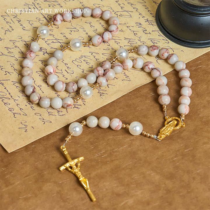 CHRISTIAN ART WORKSHOP Matte Pink Zebra Jasper and Pearl Rosary with Miraculous Medal and Crucifix - image 5