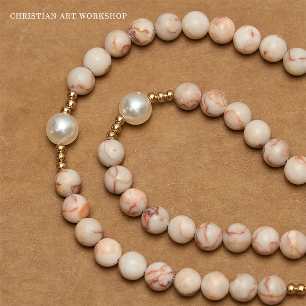 CHRISTIAN ART WORKSHOP Matte Pink Zebra Jasper and Pearl Rosary with Miraculous Medal and Crucifix - image 3