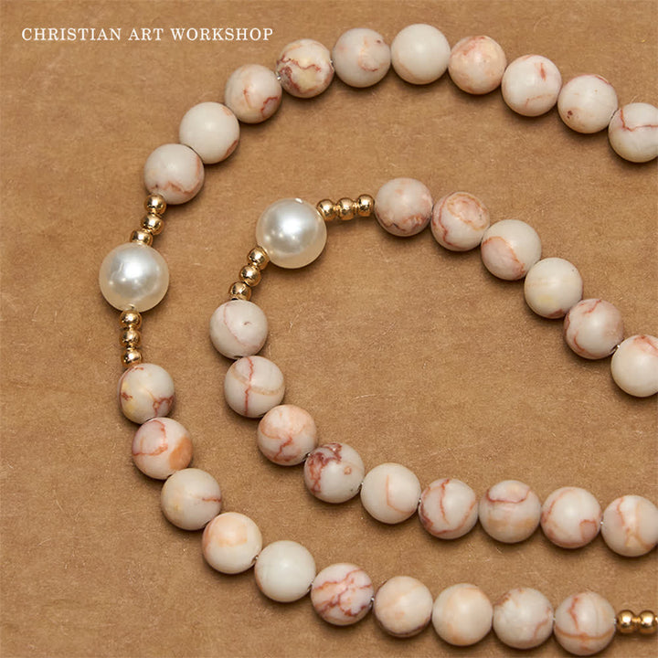 CHRISTIAN ART WORKSHOP Matte Pink Zebra Jasper and Pearl Rosary with Miraculous Medal and Crucifix - image 3