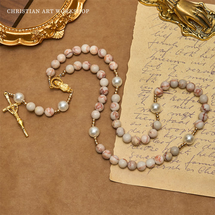 CHRISTIAN ART WORKSHOP Matte Pink Zebra Jasper and Pearl Rosary with Miraculous Medal and Crucifix - image 8