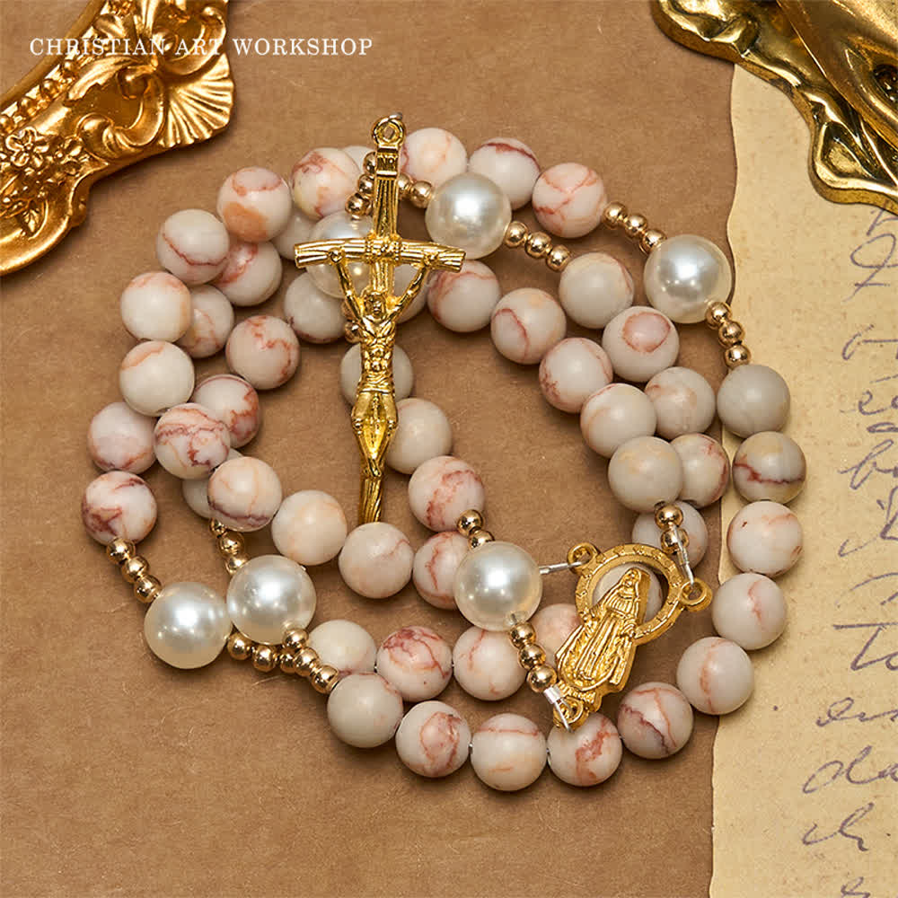 CHRISTIAN ART WORKSHOP Matte Pink Zebra Jasper and Pearl Rosary with Miraculous Medal and Crucifix - image 7