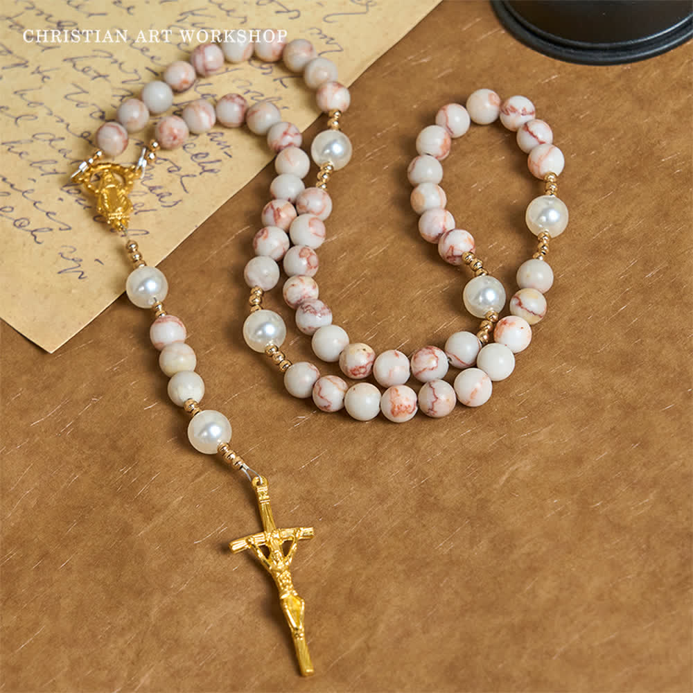 CHRISTIAN ART WORKSHOP Matte Pink Zebra Jasper and Pearl Rosary with Miraculous Medal and Crucifix - image 6