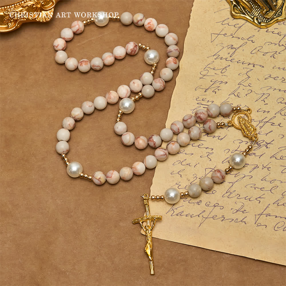 CHRISTIAN ART WORKSHOP Matte Pink Zebra Jasper and Pearl Rosary with Miraculous Medal and Crucifix - Pink - image 0