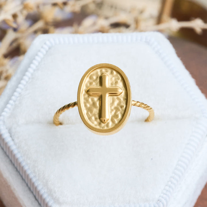 FREE Today: Hammered Oval Cross Twisted Band Ring: Rustic Token of Devout Blessing - Cross - image 0