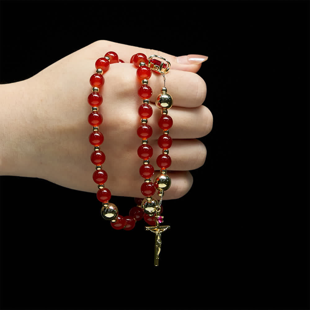 Christianartworkshop Divine Love Sacred Heart Rosary with Elegant Red Glass & Golden Crucifix - image 1