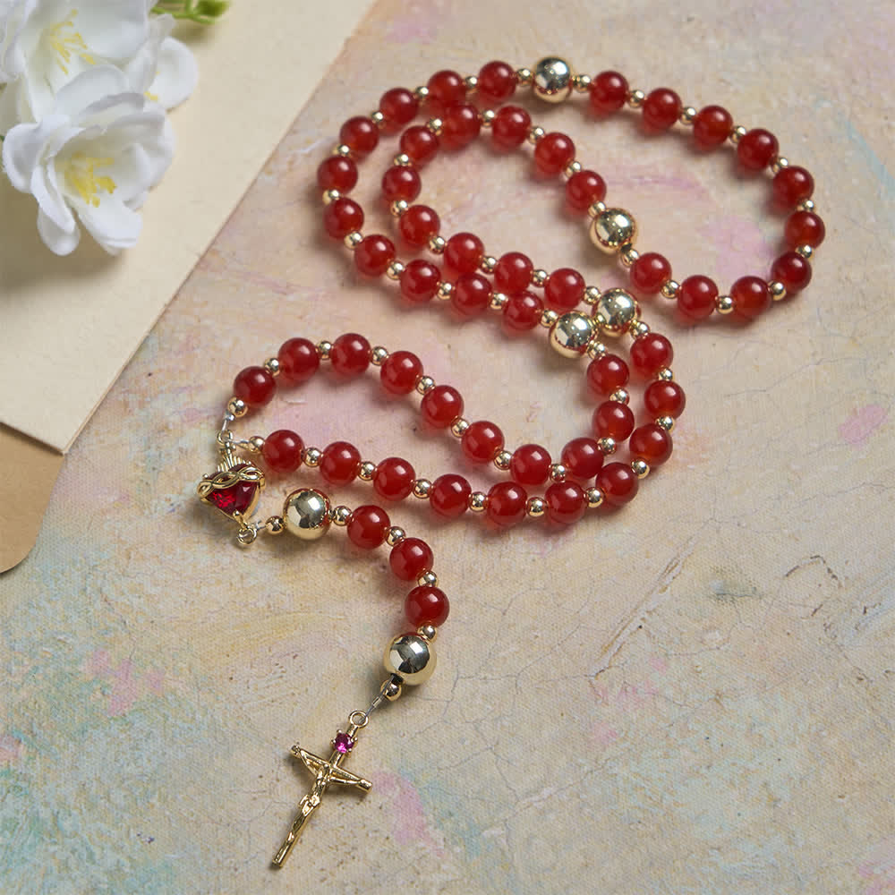 Christianartworkshop Divine Love Sacred Heart Rosary with Elegant Red Glass & Golden Crucifix - Sacred Heart & Crucifix - image 0
