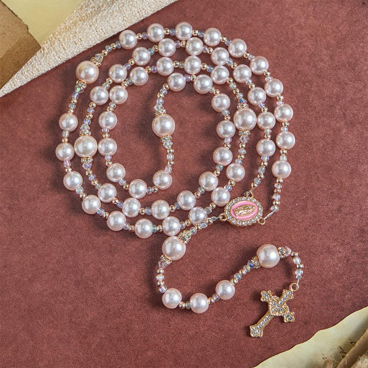 Christianartworkshop Elegant Catholic Soft Peach Glow Rosary with Our Lady - Our Lady & Crucifix - image 0